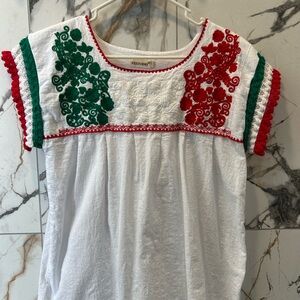 White Top with Red and Green Embroidery Mexican colors